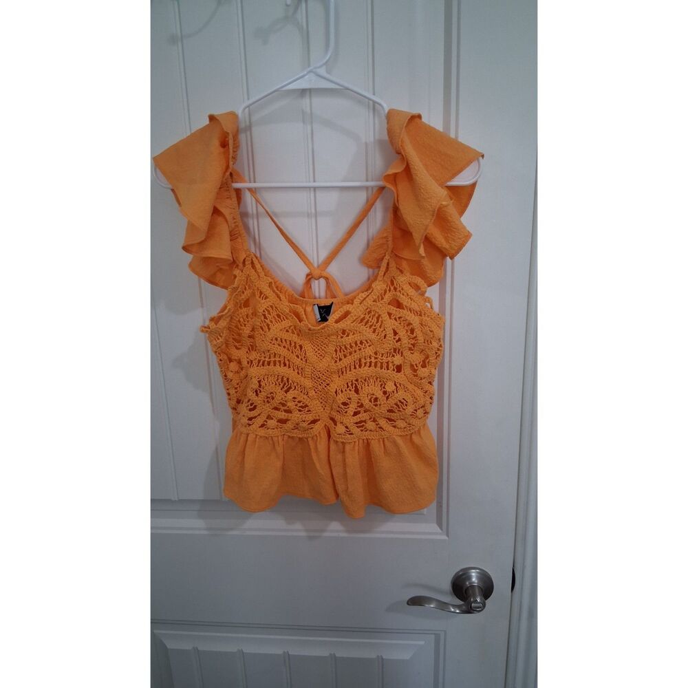 Milk & Honey Women’s Small Orange Crochet Ruffle Peplum Top Tie Back Boho